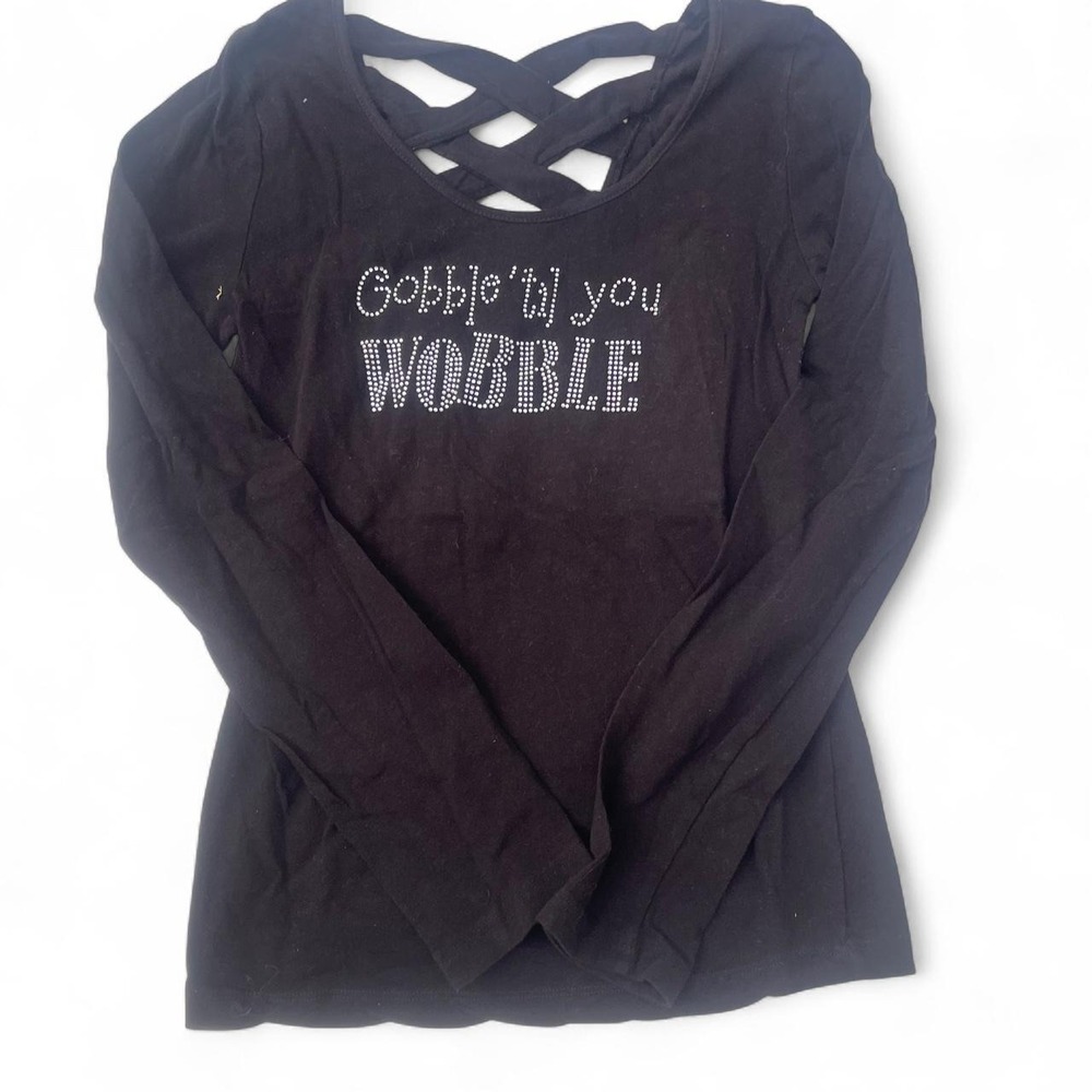Gobble 'til‎ you Wobble Thanksgiving Rhinestone Lattice Long Sleeve Top Black